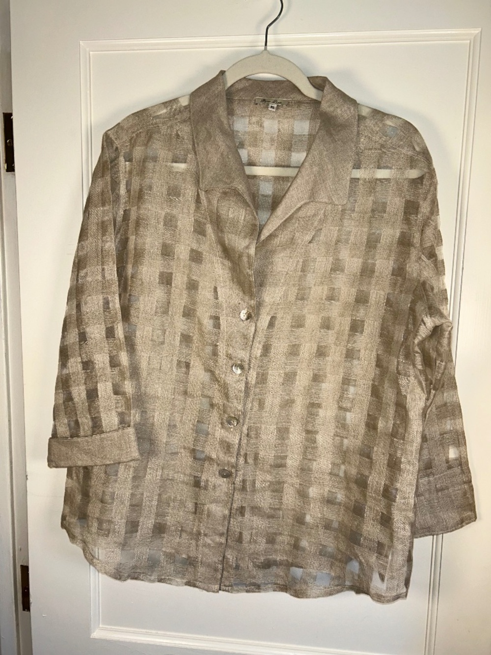Puro Lino 100% Linen, Made In Italy, XL button down blouse sheer check Cruise